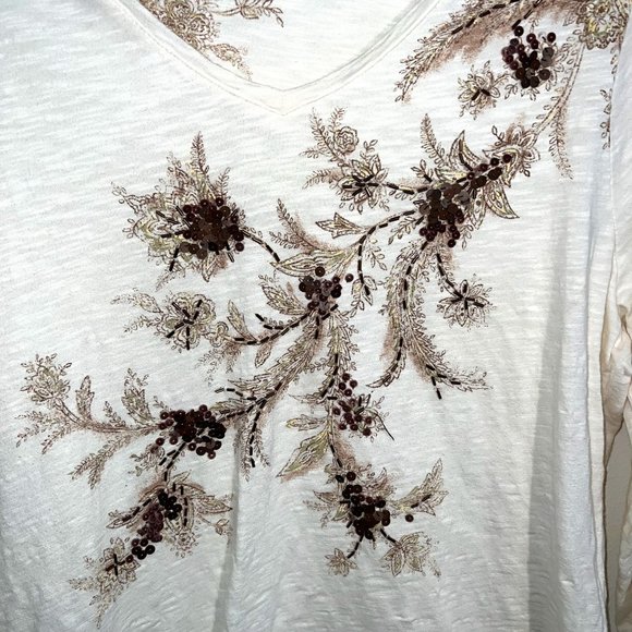 Coldwater Creek - Women's Size XL - Ivory Blouse With Flowers & Brown Squins - Picture 3 of 11